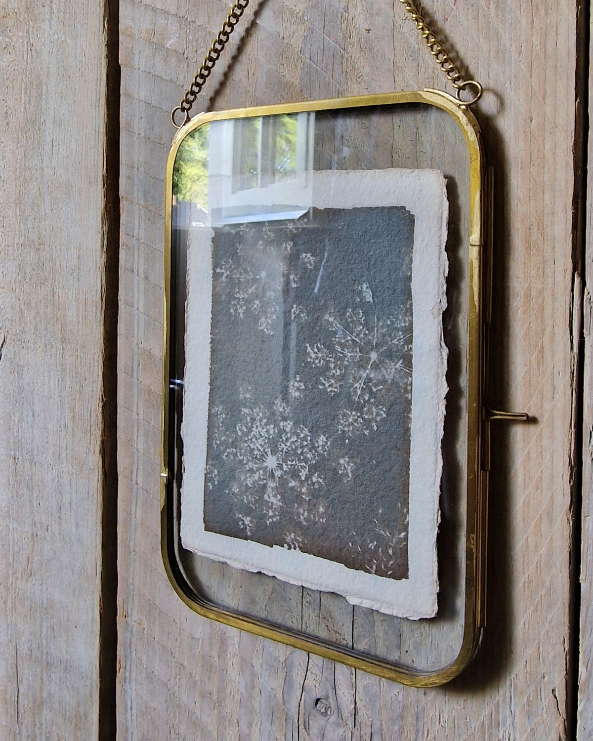 Handgemaakte cyanotype A6 | Schermbloemen met messing lijst - NOOR goes wild