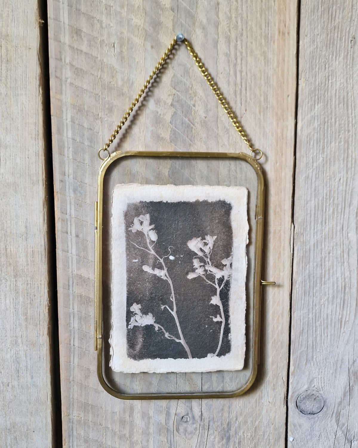 Handgemaakte cyanotype A6 | Bloesemtak met messing lijst